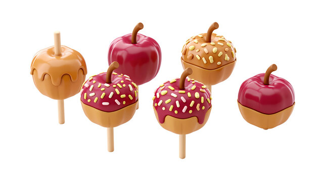 Appetizing sweet caramel apple treats with various crunchy toppings isolated on transparent background for creative graphic design and seasonal snack menu layout projects