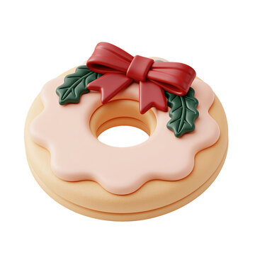 Festive christmas wreath cookie adorned with green holly leaves and a red bow isolated on transparent background for professional winter holiday graphic design