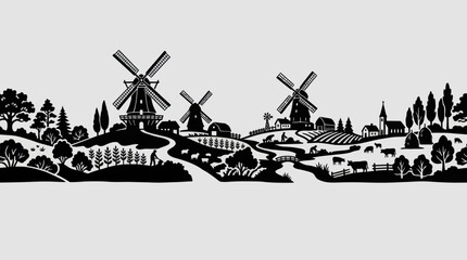 Rural landscape with windmills and farmland © Sidu