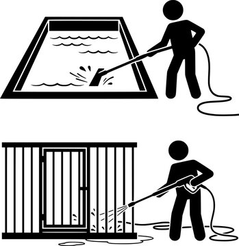 Commercial maintenance service icon set showing worker cleaning swimming pool and pressure washing wooden outdoor shed enclosure fence silhouette