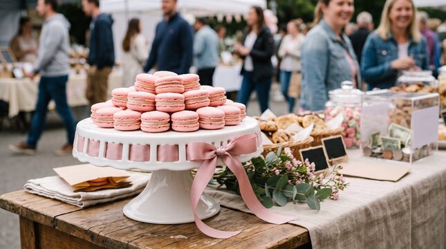 Pink Macarons Displayed on a Cake Stand at an Outdoor Market with People in the Background