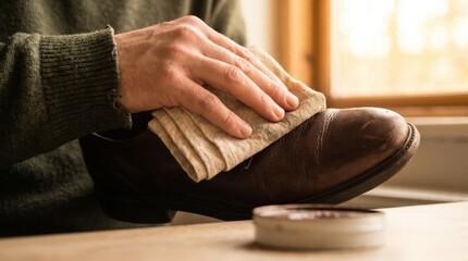 Fototapeta premium Hands using a beige cloth to meticulously polish and clean a dark brown leather dress shoe
