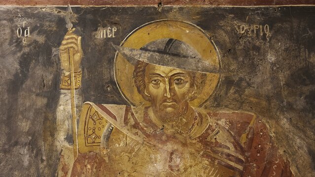 Holy painting of a man with staff and golden halo, Monastery Thari, Moni Thari, near Gadouras Reservoir, lonely mountain region, Rhodes, Dodecanese, Greek Islands, Greece