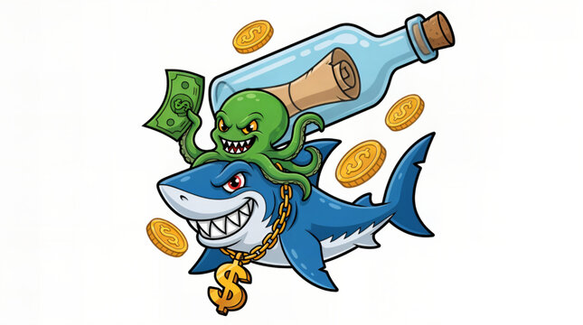 Funny cartoon illustration of a rich gangster shark wearing a gold dollar chain, carrying a small octopus holding a dollar bill, surrounded by floating gold coins and a message in a bottle.