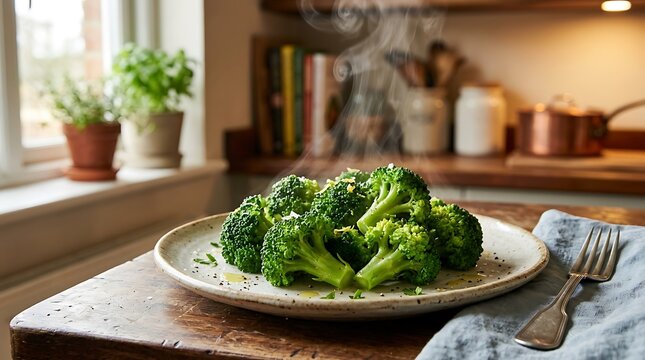 Fresh Steamed Broccoli on a Plate with Rising Steam