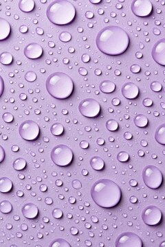 Lavender background with realistic water droplets creating a fresh cosmetic texture