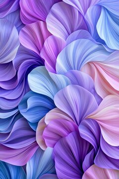 Abstract floral background with flowing purple and blue petals in a soft pastel color palette