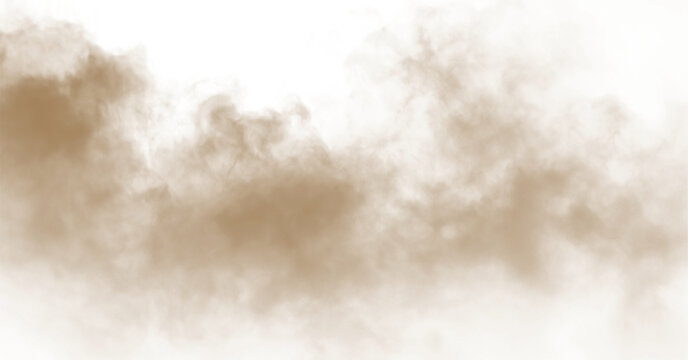 Dust sand soil smoke cloud particles isolated on transparent white background. Brown sandstorm smog sand dust explosion rising. Design elements for Compositing, covering, overlay, PNG