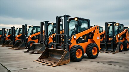 Fototapeta na wymiar Orange skid steer loaders with forks stand in a row on a concrete surface. Heavy machinery line up shows construction equipment with attachments. Forklifts wait for work.
