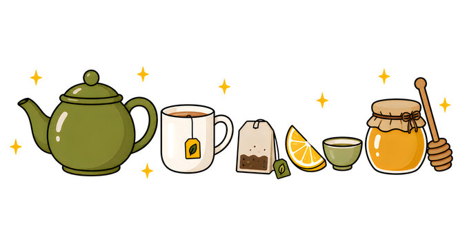 Tea set illustration with teapot, mug, honey jar, and lemon. Flat vector design featuring tea bag and honey dipper on white. Ideal for wellness blogs and breakfast menu graphic design.
