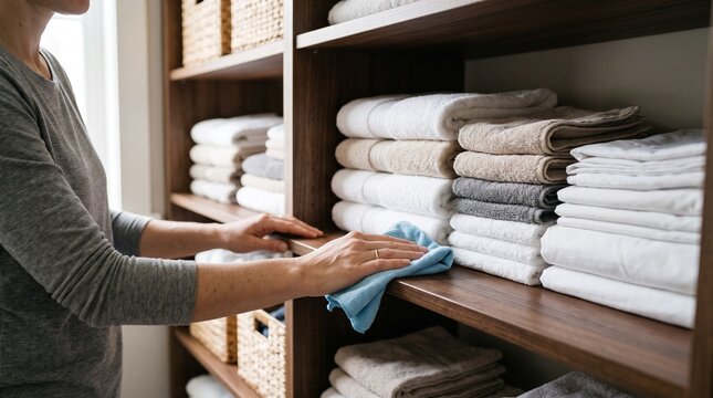 Woman cleaning a shelf with neatly folded towels and linens in a closet