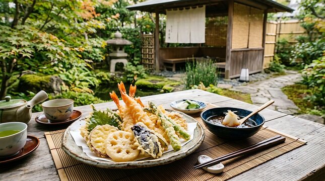 Authentic Japanese Tempura Platter Served in a Traditional Zen Garden