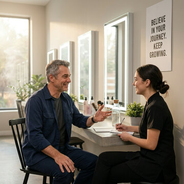 A man and woman sit at a table discussing in an office with a motivational poster