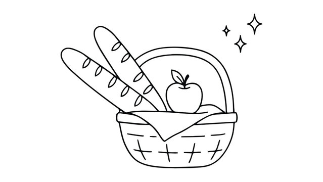 A black line of a wicker basket with bread and an apple line black and white food