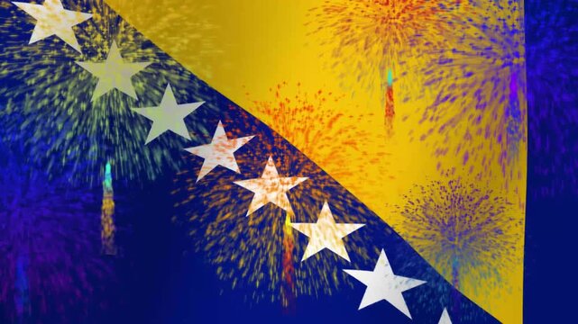 Close up of the Bosnian flag with stars and blue and yellow colors waving in the wind