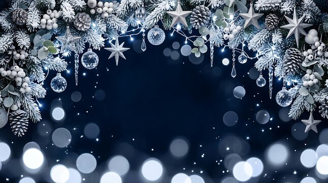 Merry christmas elegant blue winter holiday frame with ornaments and pine branches