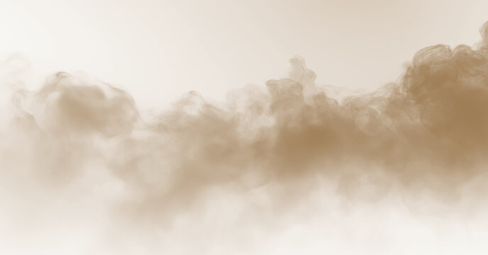 Dust sand soil smoke cloud particles isolated on transparent white background. Brown sandstorm smog sand dust explosion rising. Design elements for Compositing, covering, overlay, PNG