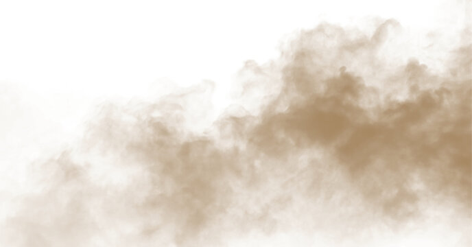 Dust sand soil smoke cloud particles isolated on transparent white background. Brown sandstorm smog sand dust explosion rising. Design elements for Compositing, covering, overlay, PNG