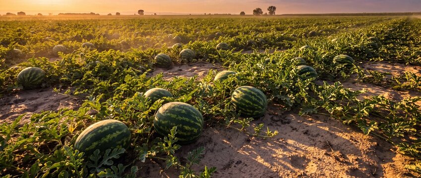 Vibrant watermelon field under golden sunset sky at harvest time in an extensive agricultural landscape featuring ripe melons resting on sandy soil rows outdoors