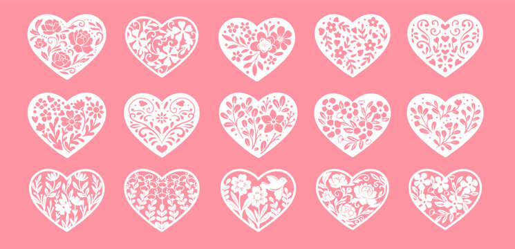 Beautiful floral lace silhouette vector heart. Heart stencil. Wedding and valentine illustration. Cute floral frame pattern