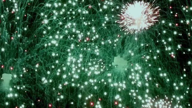 Gaze at enchanting fireworks illuminating the dark night. Blazing Emerald, garnet, and gold pyrotechnics create captivating patterns in the night sky.