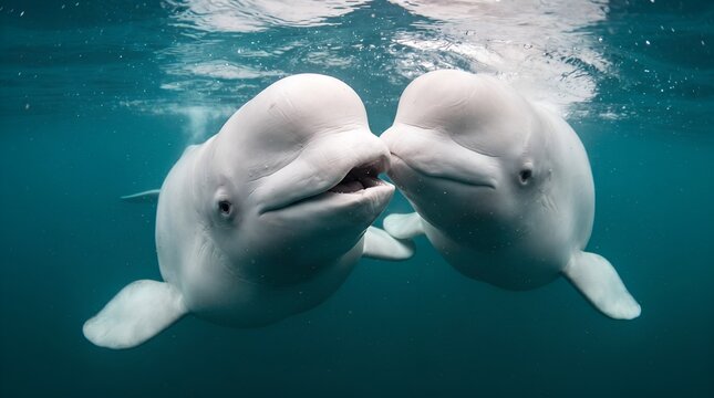 Two white beluga whales swimming together beneath the ocean surface in crystal-clear blue water. The peaceful marine wildlife scene highlights social behavior, communication, and the natural beauty of