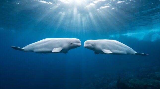 Two white beluga whales swimming together beneath the ocean surface in crystal-clear blue water. The peaceful marine wildlife scene highlights social behavior, communication, and the natural beauty of