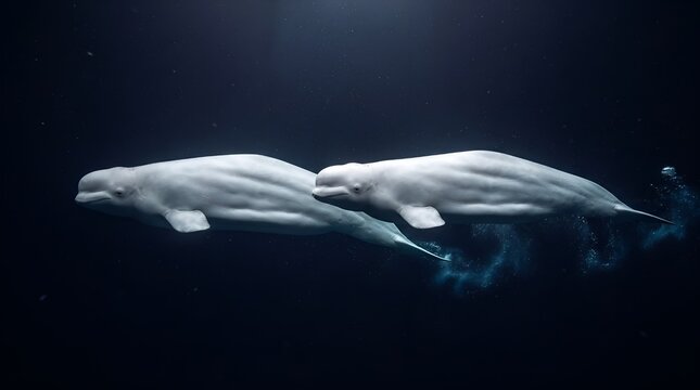 Two white beluga whales swimming together beneath the ocean surface in crystal-clear blue water. The peaceful marine wildlife scene highlights social behavior, communication, and the natural beauty of