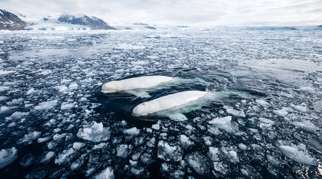Beluga whales swimming through cold Arctic waters surrounded by ice and the open ocean. The scene captures the natural habitat of these remarkable white whales in one of the world's most fragile marin