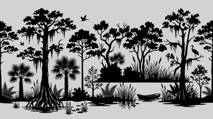 Swamp ecosystem wildlife and vegetation silhouette © String