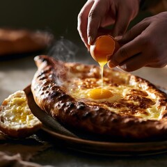 Fototapeta premium Hand cracking egg yolk into cheese-filled khachapuri bread