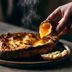Fototapeta premium Golden khachapuri bread with melted cheese and raw egg yolk