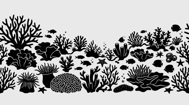 Underwater ecosystem silhouette border