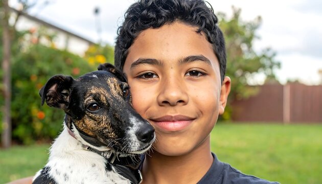 A young boy with dark skin and curly hair smiles while holding a dog