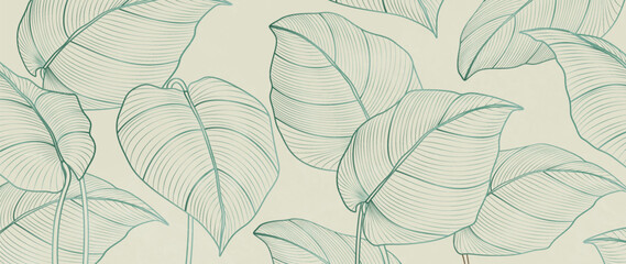 Fototapeta premium Luxury art background with exotic leaves in line style. Botanical banner for decor, prints, textiles, posters, interiors, and wallpaper.