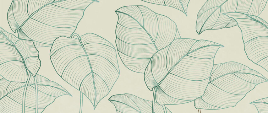Luxury art background with exotic leaves in line style. Botanical banner for decor, prints, textiles, posters, interiors, and wallpaper.