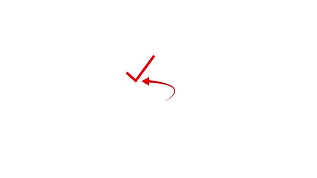 Red  Checkmark Icon Animation with Curved Arrow Pointer, Correct Approved Tick Mark Motion Graphic, Minimalist Success Symbol Overlay Isolated on White Screen Background 4k stock  video. 