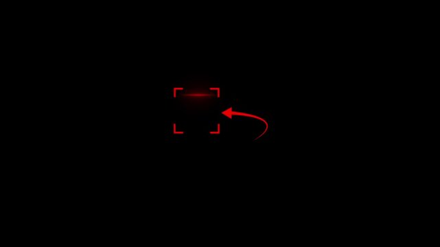 Red  Glowing Target Reticle with Curved Arrow Pointer Animation on Black Background, Minimalist  Frame Motion Graphic .Modern  Focus Target Icon with Arrow Pointer, Glowing Bounding Box Tracking 