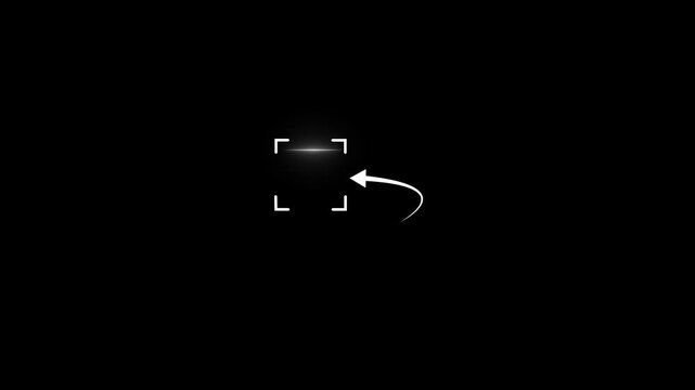 White Glowing Target Reticle with Curved Arrow Pointer Animation on Black Background, Minimalist  Frame Motion Graphic .Modern  Focus Target Icon with Arrow Pointer, Glowing Bounding Box Tracking 