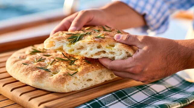 Fresh rosemary focaccia bread being torn apart by hand on a wooden board