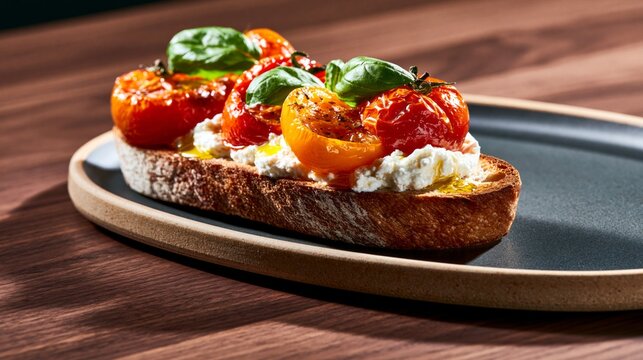 Bruschetta with roasted tomatoes, ricotta and fresh basil on toasted artisan bread