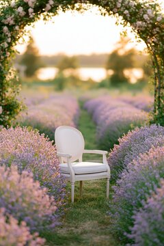 White vintage chair in a blooming lavender field at golden hour