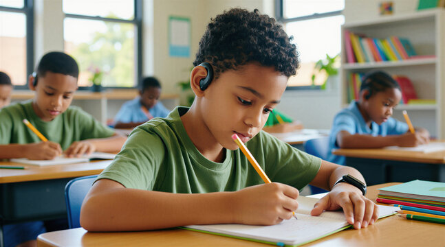 Young boy with hearing device writes in notebook at desk. Focused pupil learns in classroom. Inclusive education supports children with special needs. Boy wears green shirt, studies hard.