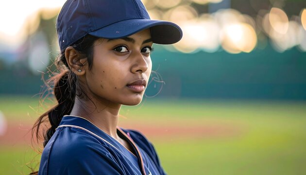 A young girl in a blue baseball uniform and cap stands on a blurred green field
