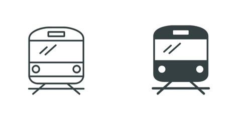 Train Icon Set: A set of two minimalist icons representing a train, one outlined and the other solid, on train tracks, symbolizing transportation and transit. © Binoy Vectors