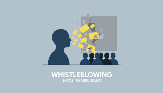 Head silhouette speaking flying documents towards a crowd to illustrate whistleblowing and exposing corporate misconduct.