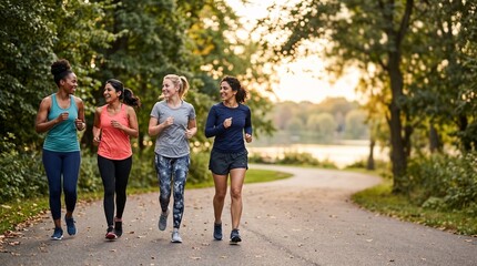 Fototapeta premium Diverse group of women enjoying a healthy outdoor run together in a park setting during golden hour