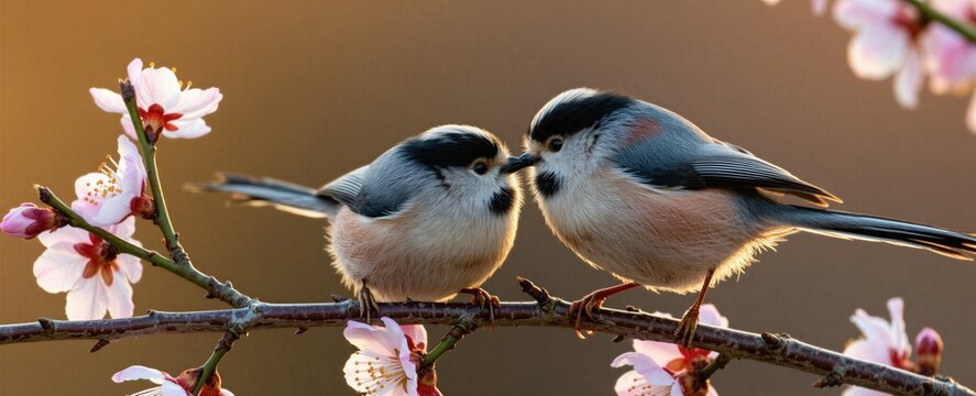 Two long tailed tits perched on blooming cherry tree branch touch beaks in spring. Pair of wild birds kiss among pink flowers during sunny golden hour. Small feathered animals share romantic moment