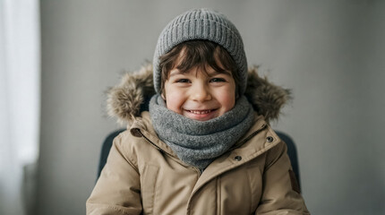 Fototapeta premium Smiling child wearing winter hat, scarf, and coat