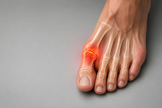 Photorealistic human foot with transparent bone overlay highlighting inflamed big toe joint, red pain visualization on clean background. Medical anatomy concept with copy space.
